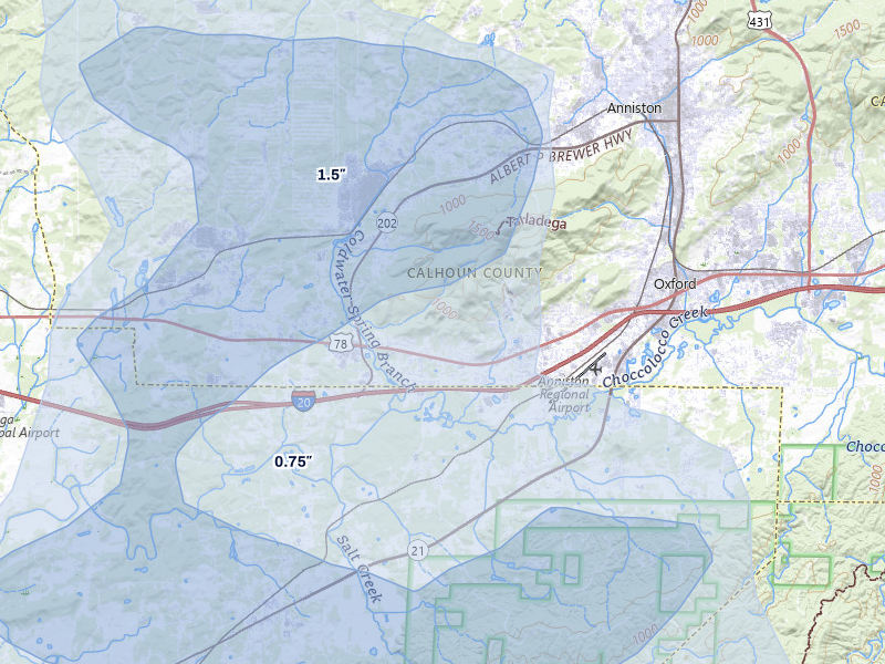 NEXRAD radar-signature map of the hail storm over Oxford, AL on Jul 3, 2026
