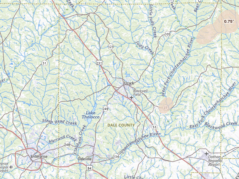 Radar-estimated hail-size map of the storm over Ozark, AL on Mar 31, 2026