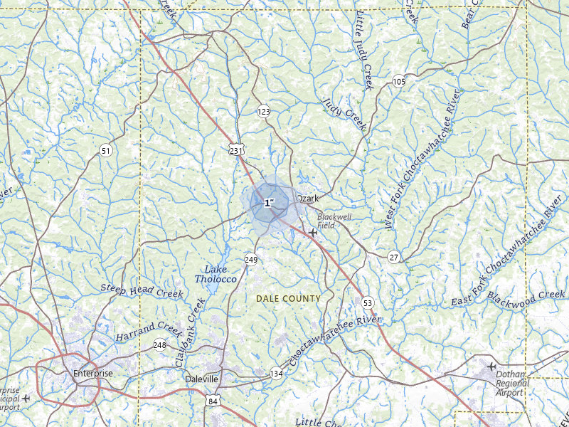 NEXRAD radar-signature map of the hail storm over Ozark, AL on Apr 1, 2026