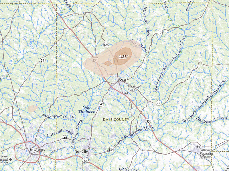 Radar-estimated hail-size map of the storm over Ozark, AL on Jun 30, 2026