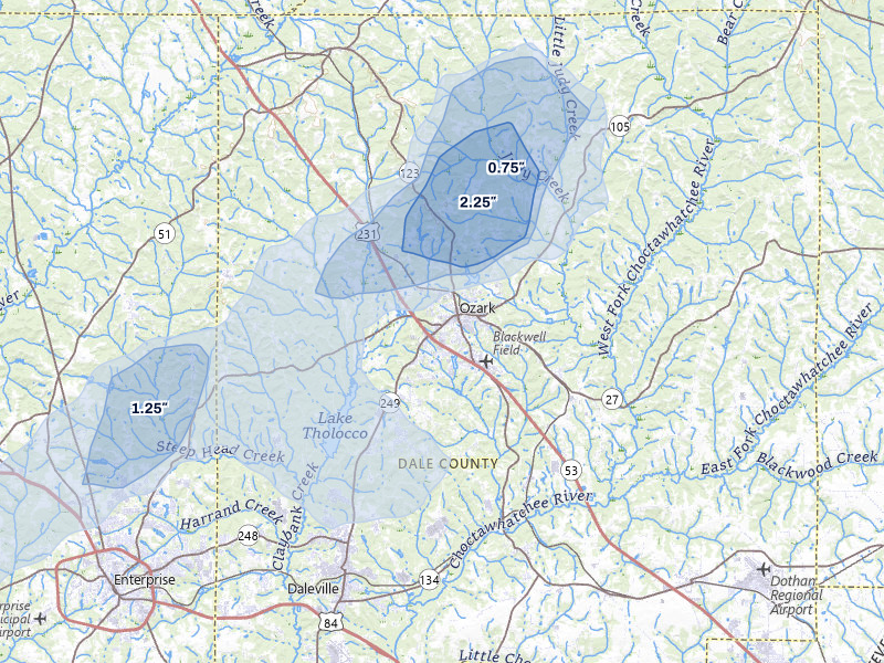 NEXRAD radar-signature map of the hail over Ozark, AL