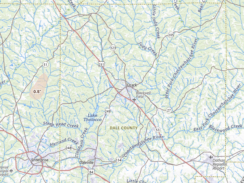 Radar-estimated hail-size map of the storm over Ozark, AL on Jul 10, 2026