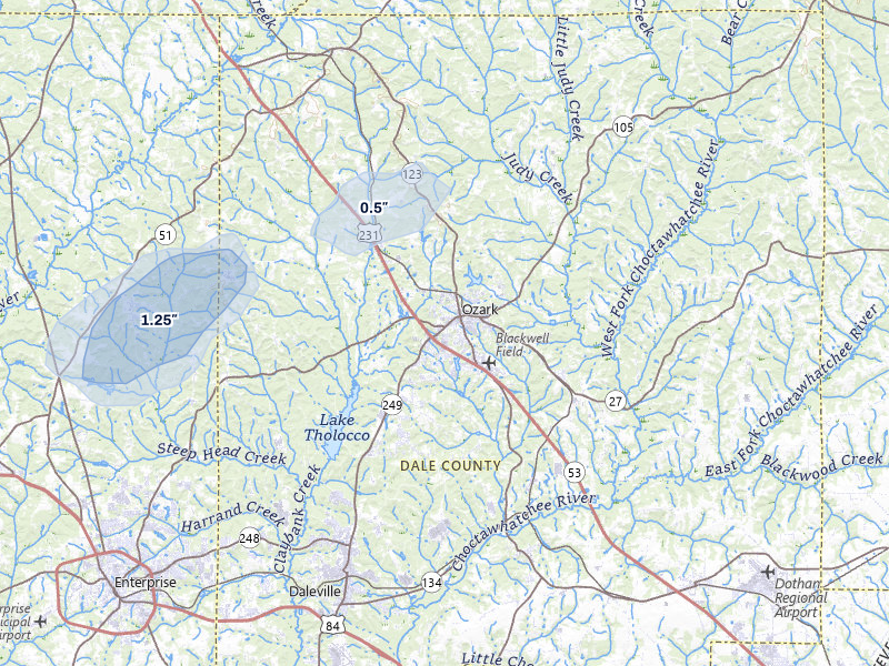NEXRAD radar-signature map of the hail over Ozark, AL
