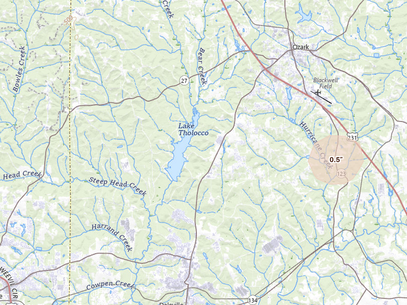 Radar-estimated hail-size map of the storm over Ozark, AL on Aug 14, 2026
