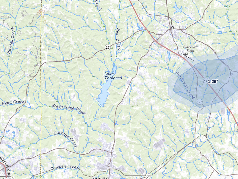 NEXRAD radar-signature map of the hail storm over Ozark, AL on Aug 14, 2026