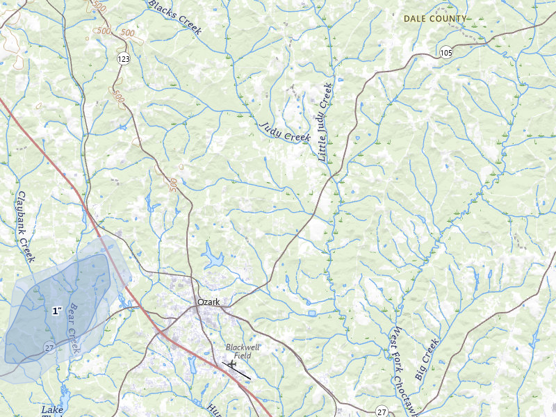 NEXRAD radar-signature map of the hail storm over Ozark, AL on Aug 15, 2026
