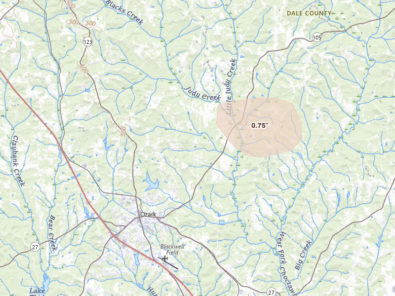 Radar-estimated hail-size map of the storm over Ozark, AL on Aug 20, 2026