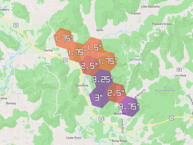 Hail map of Paint Rock, AL on Jun 1, 2026, hail up to 3.75"