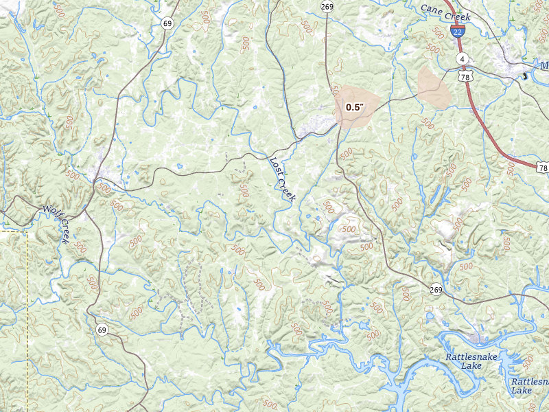 Radar-estimated hail-size map of the storm over Parrish, AL on Mar 7, 2026