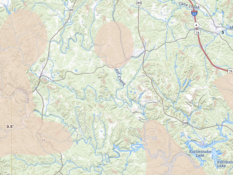 Radar-estimated hail-size map of the storm over Parrish, AL on Jun 1, 2026
