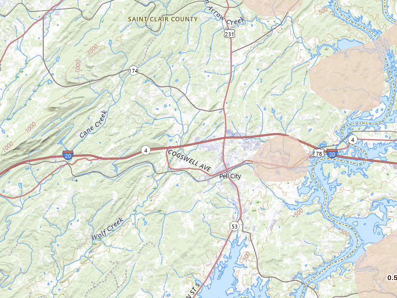 Radar-estimated hail-size map of the storm over Pell City, AL on Jul 1, 2026