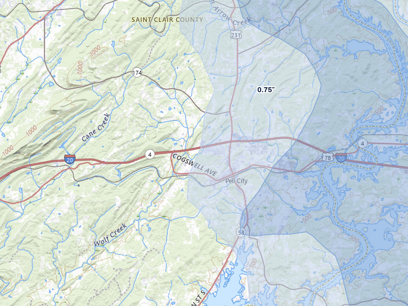 NEXRAD radar-signature map of the hail over Pell City, AL