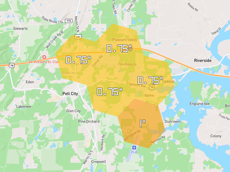 Hail map of Pell City, AL on Jul 1, 2026, hail up to 1"