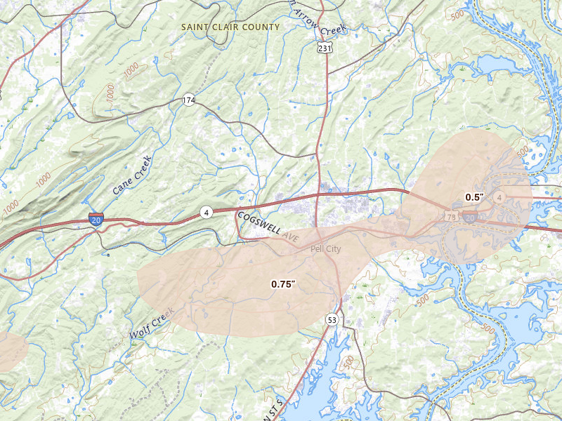 Radar-estimated hail-size map of the storm over Pell City, AL on Jul 2, 2026