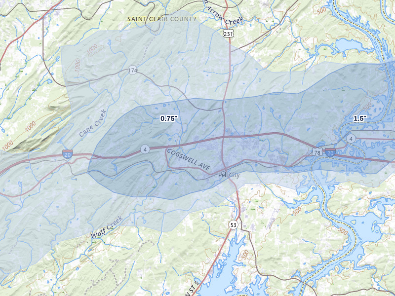 NEXRAD radar-signature map of the hail over Pell City, AL