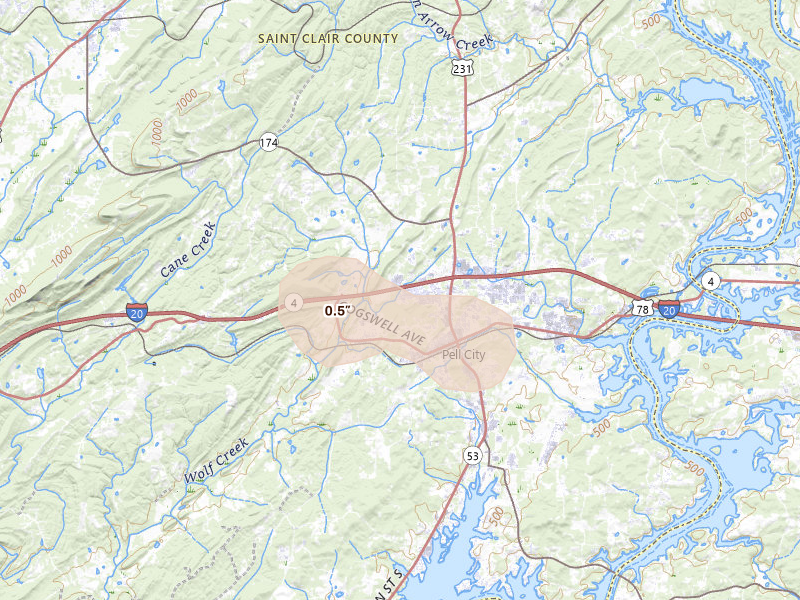 Radar-estimated hail-size map of the storm over Pell City, AL on Aug 20, 2026