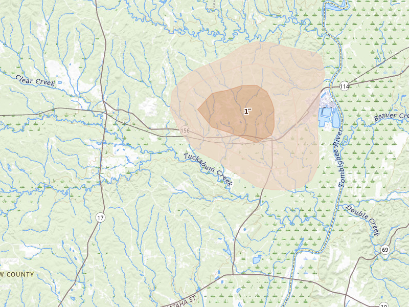 Radar-estimated hail-size map of the storm over Pennington, AL on Jun 1, 2026