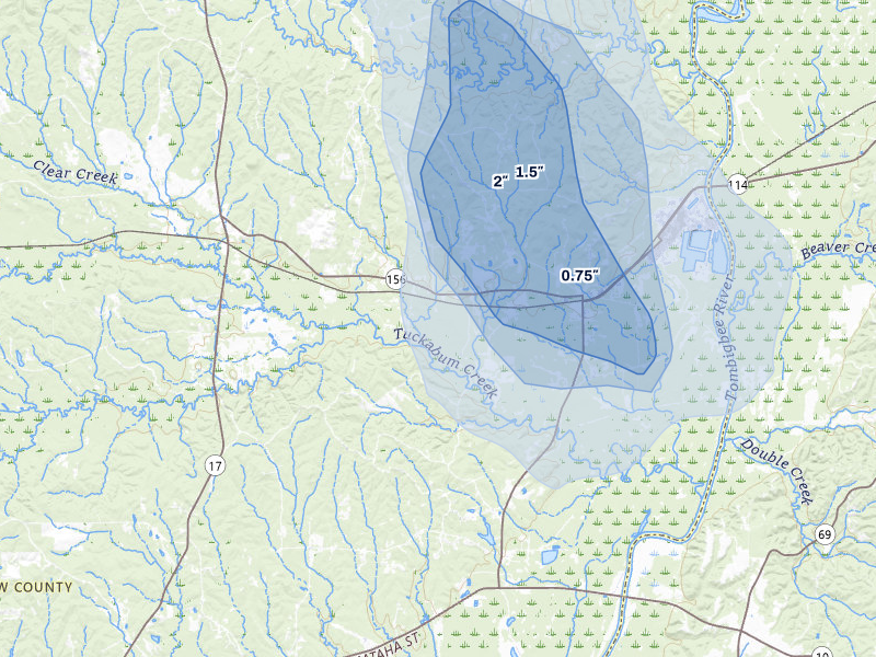NEXRAD radar-signature map of the hail over Pennington, AL