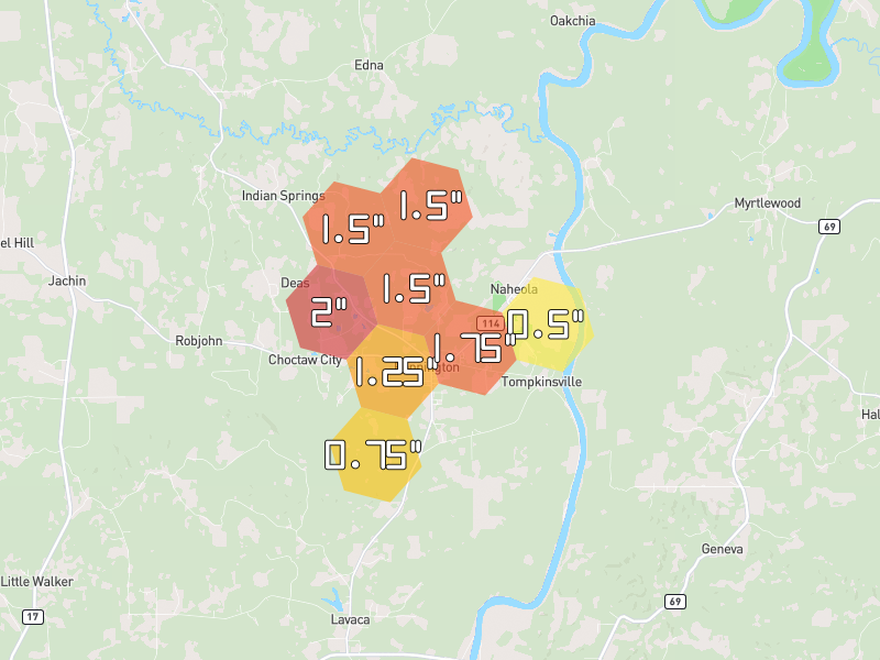 Hail map of Pennington, AL on Jun 1, 2026, hail up to 2"