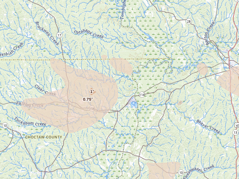 Radar-estimated hail-size map of the storm over Pennington, AL on Aug 21, 2026