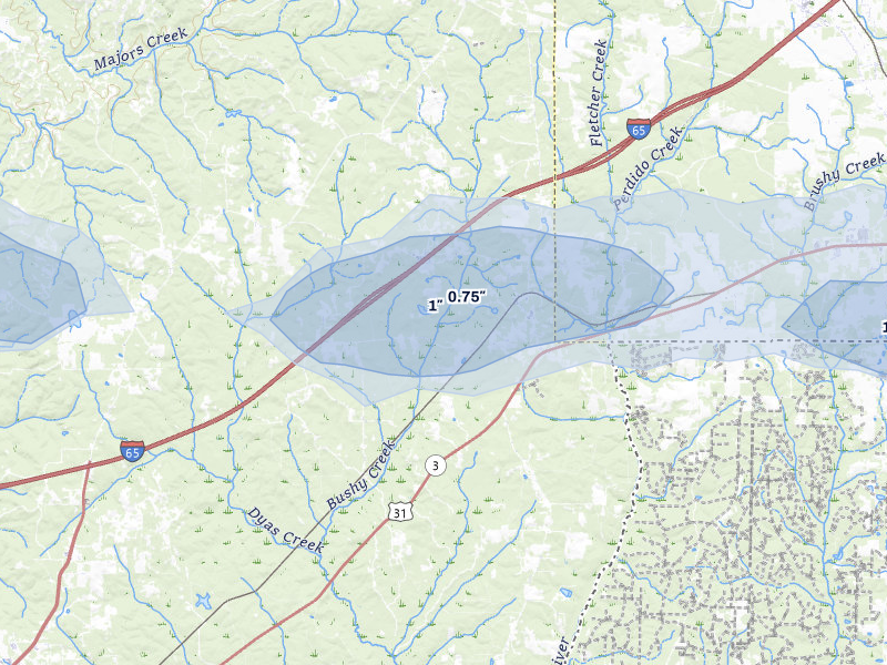 NEXRAD radar-signature map of the hail storm over Perdido, AL on May 6, 2026