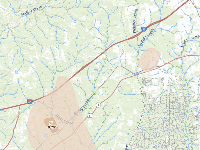 Radar-estimated hail-size map of the storm over Perdido, AL on Jul 7, 2026