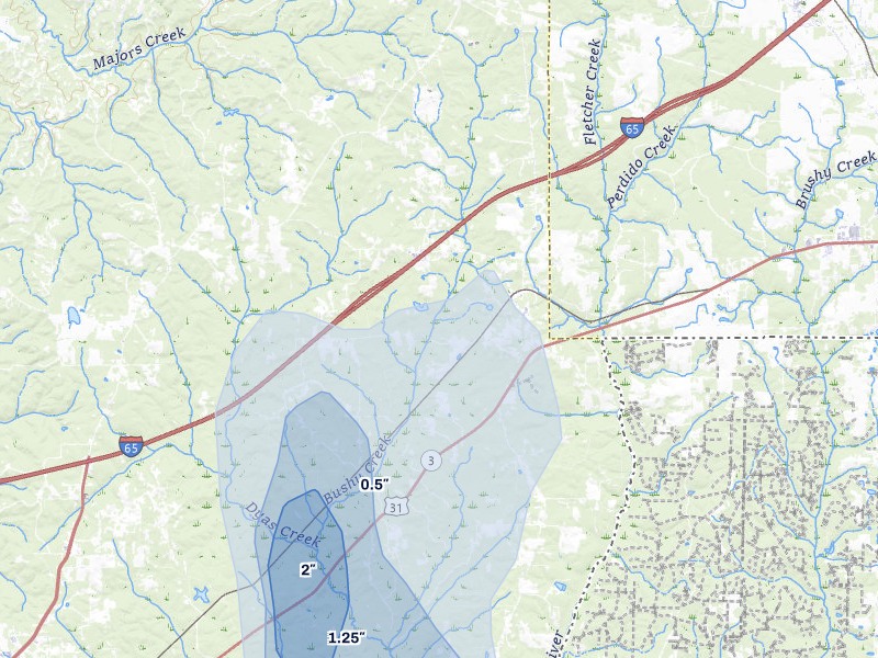 NEXRAD radar-signature map of the hail storm over Perdido, AL on Jul 7, 2026