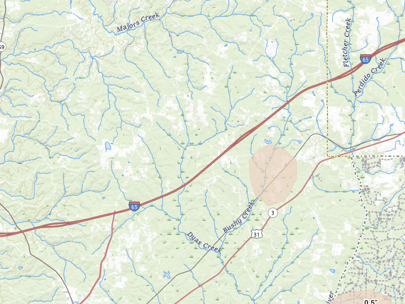 Radar-estimated hail-size map of the storm over Perdido, AL on Aug 17, 2026