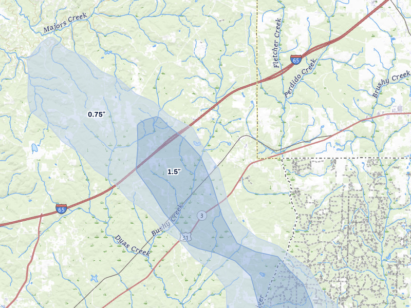 NEXRAD radar-signature map of the hail storm over Perdido, AL on Aug 17, 2026