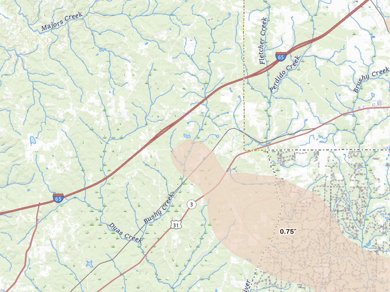 Radar-estimated hail-size map of the storm over Perdido, AL on Aug 24, 2026