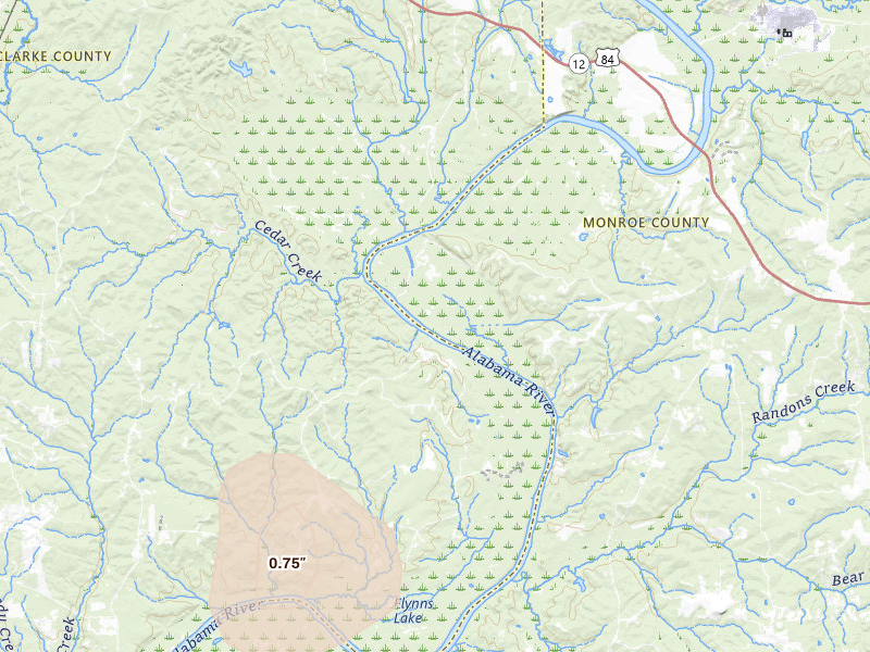 Radar-estimated hail-size map of the storm over Perdue Hill, AL on Jun 1, 2026