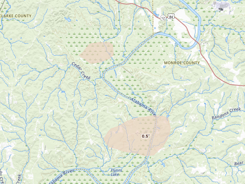 Radar-estimated hail-size map of the storm over Perdue Hill, AL on Jun 30, 2026