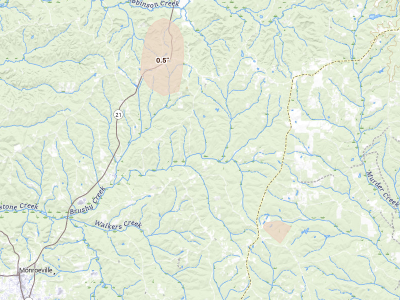 Radar-estimated hail-size map of the storm over Peterman, AL on Jun 1, 2026