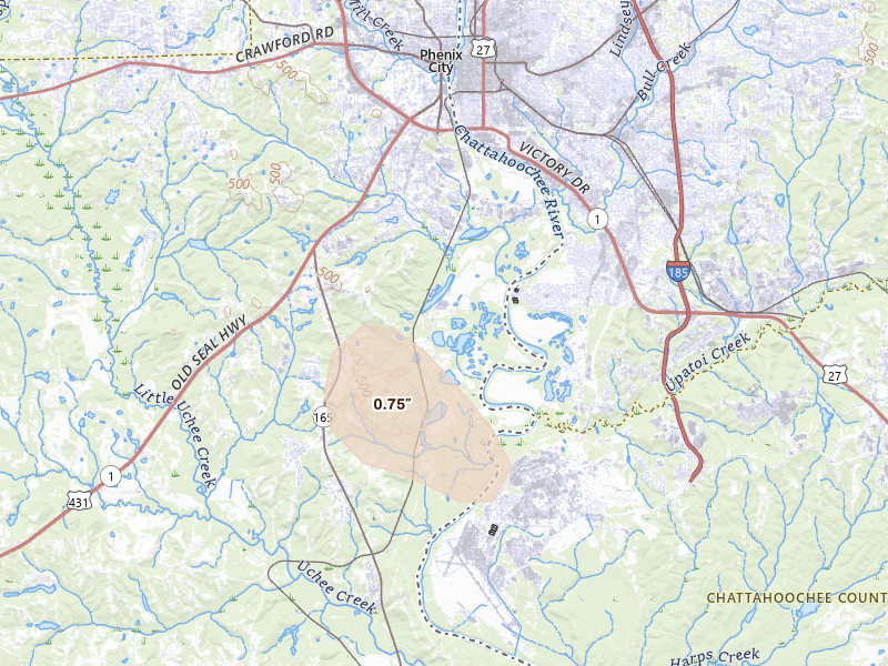 Radar-estimated hail-size map of the storm over Phenix City, AL on Aug 12, 2026