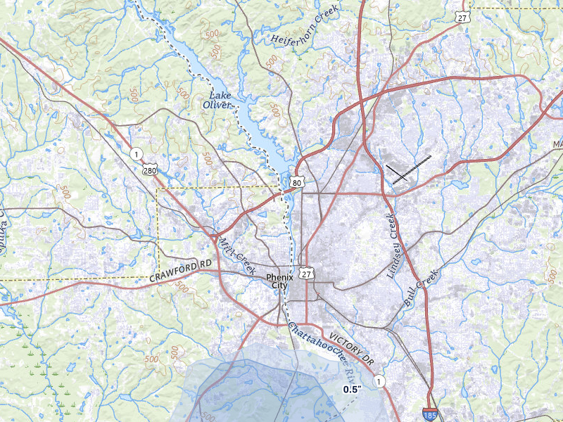 NEXRAD radar-signature map of the hail storm over Phenix City, AL on Aug 12, 2026