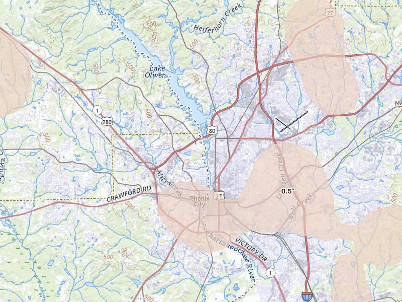 Radar-estimated hail-size map of the storm over Phenix City, AL