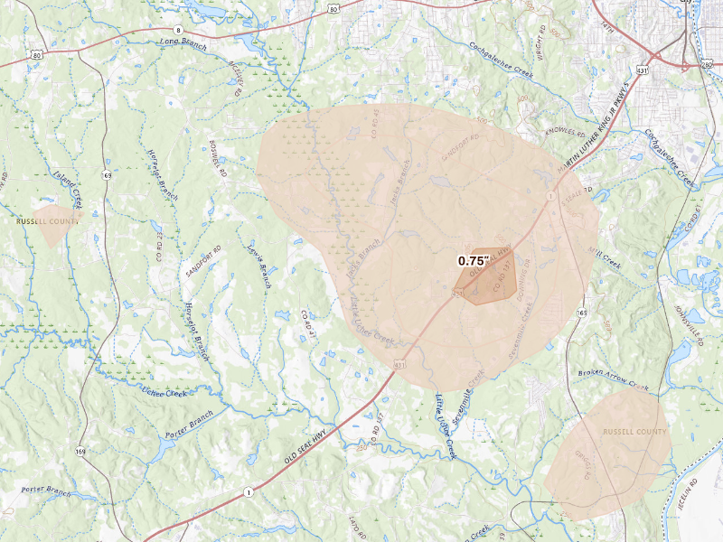 Radar-estimated hail-size map of the storm over Phenix City, AL on Sep 19, 2026