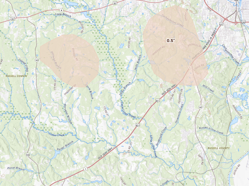 Radar-estimated hail-size map of the storm over Phenix City, AL