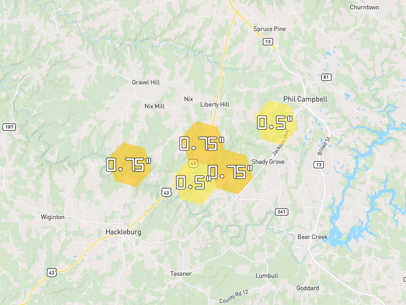 Hail map of Phil Campbell, AL on Jun 1, 2026, hail up to 0.75"