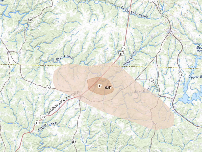 Radar-estimated hail-size map of the storm over Phil Campbell, AL on Aug 20, 2026