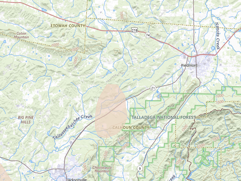 Radar-estimated hail-size map of the storm over Piedmont, AL on Jun 1, 2026