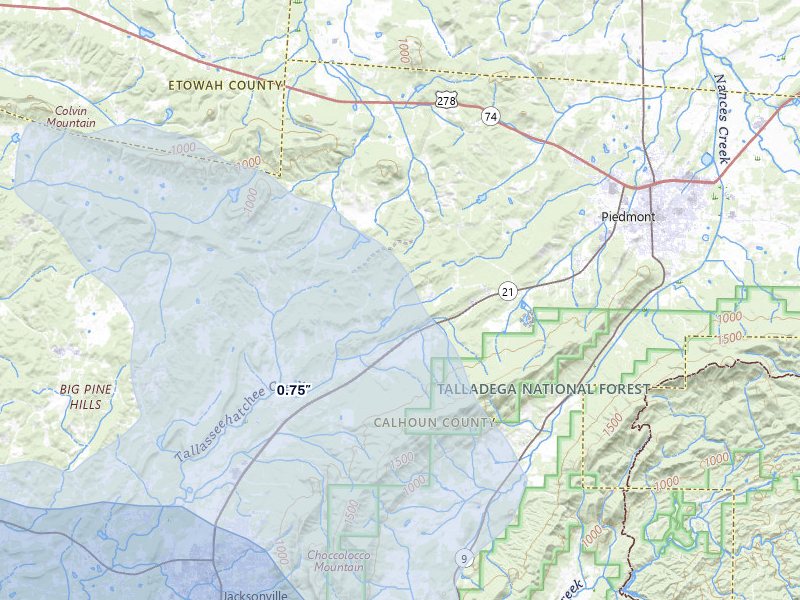 NEXRAD radar-signature map of the hail storm over Piedmont, AL on Jun 1, 2026