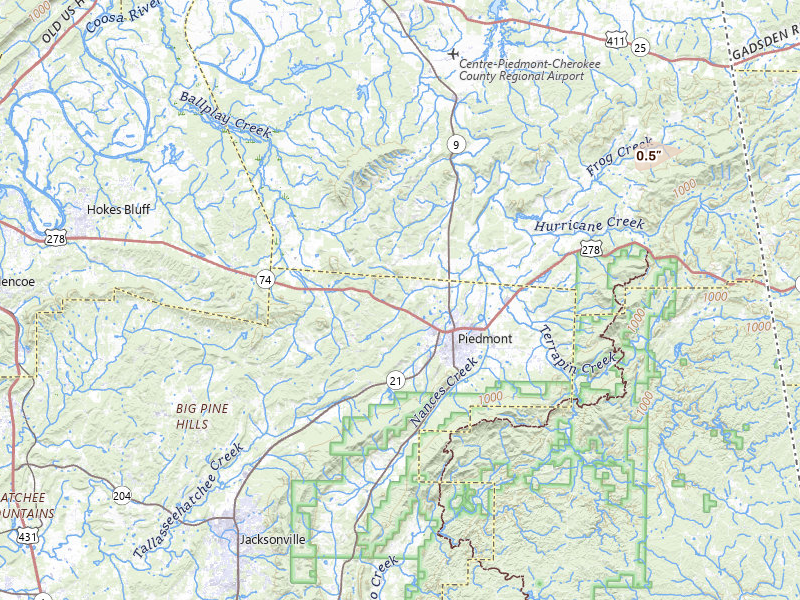 Radar-estimated hail-size map of the storm over Piedmont, AL on Jun 9, 2026