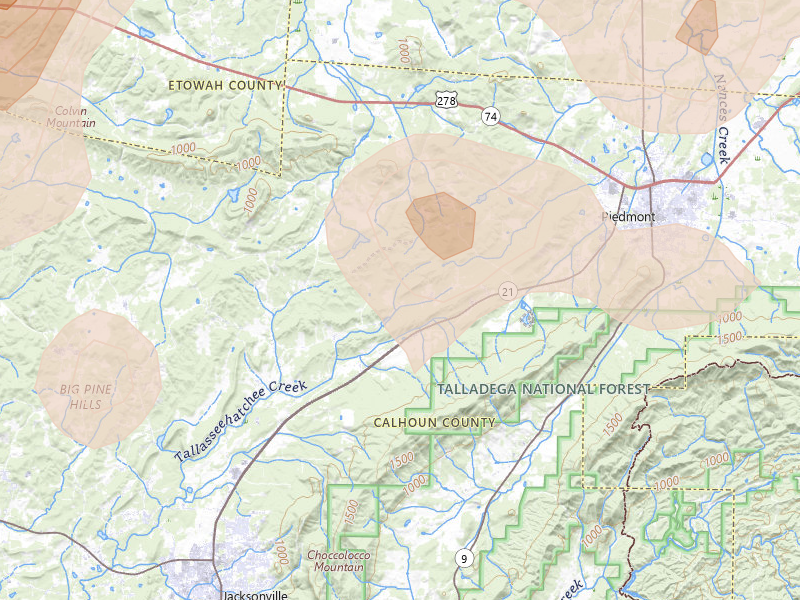 Radar-estimated hail-size map of the storm over Piedmont, AL on Jul 1, 2026