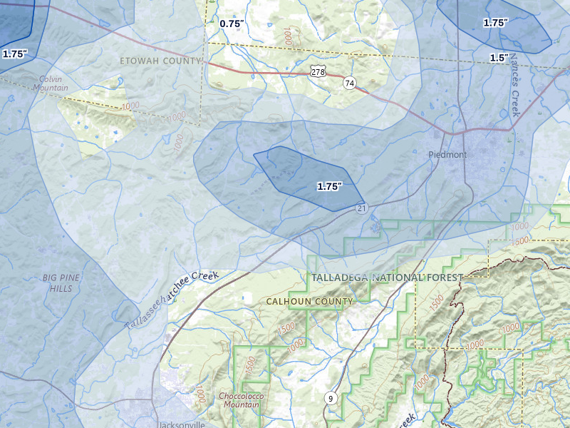NEXRAD radar-signature map of the hail storm over Piedmont, AL on Jul 1, 2026