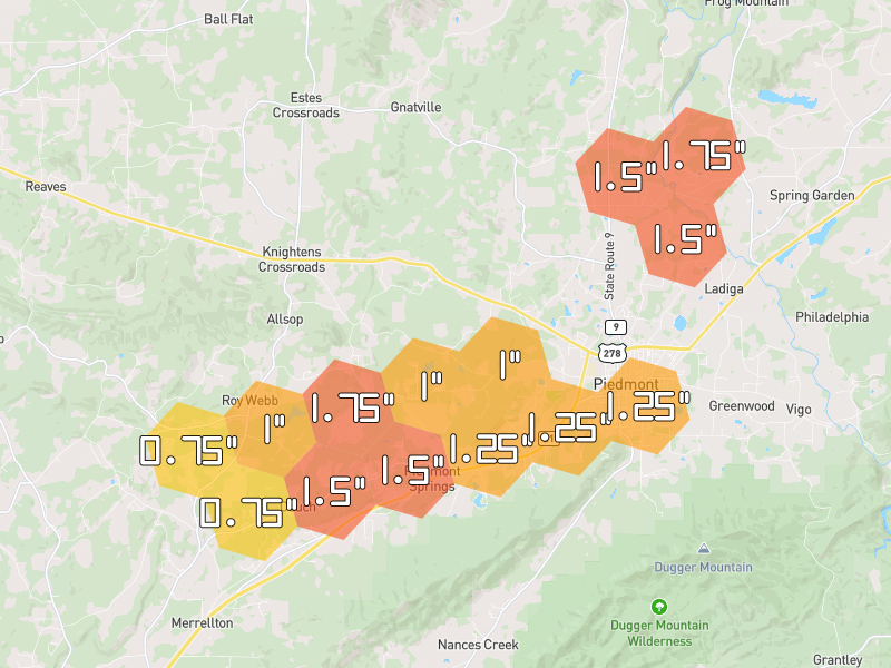 Hail map of Piedmont, AL on Jul 1, 2026, hail up to 1.75"