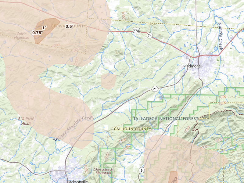 Radar-estimated hail-size map of the storm over Piedmont, AL on Jul 2, 2026
