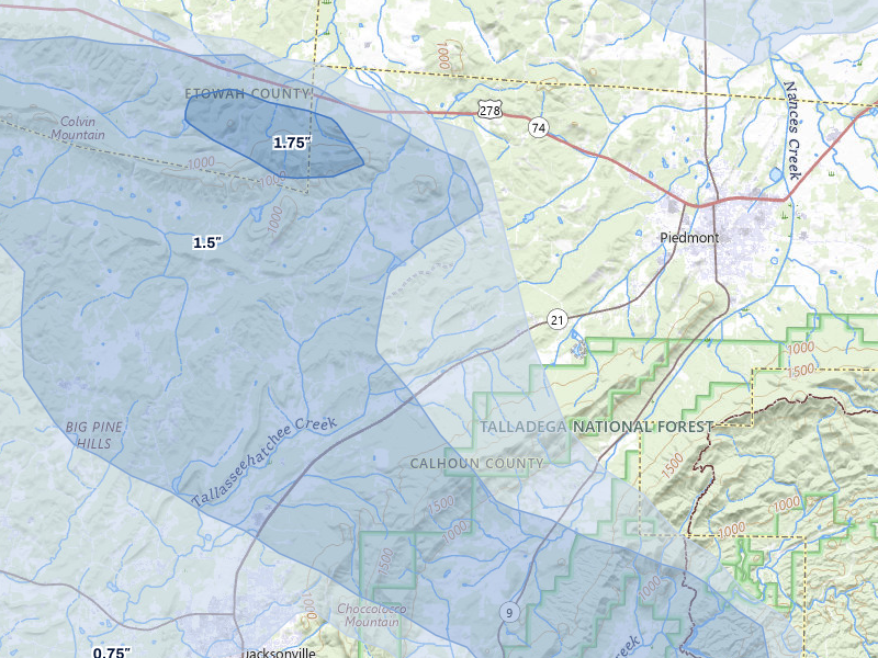 NEXRAD radar-signature map of the hail over Piedmont, AL