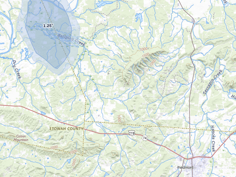 NEXRAD radar-signature map of the hail storm over Piedmont, AL on Aug 6, 2026