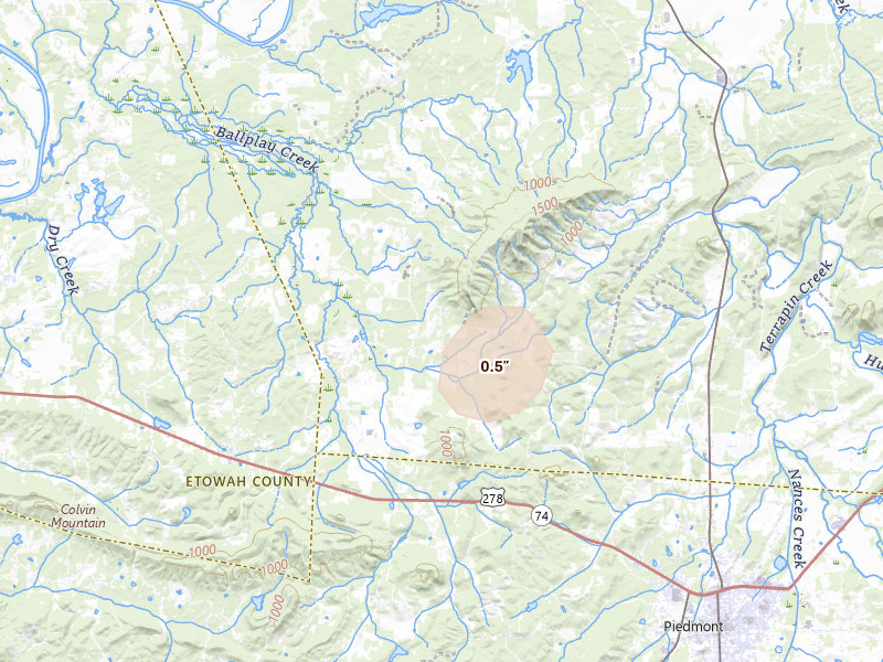 Radar-estimated hail-size map of the storm over Piedmont, AL on Aug 7, 2026